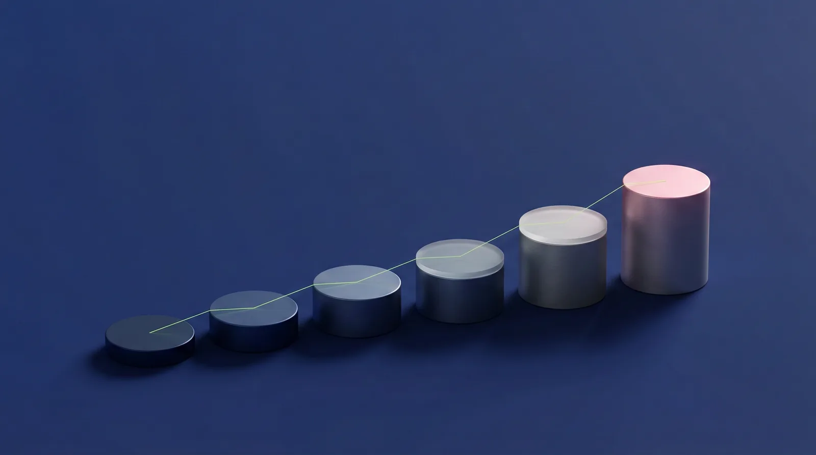 Abstract illustration of progress – navy cylinders rising to a pink peak